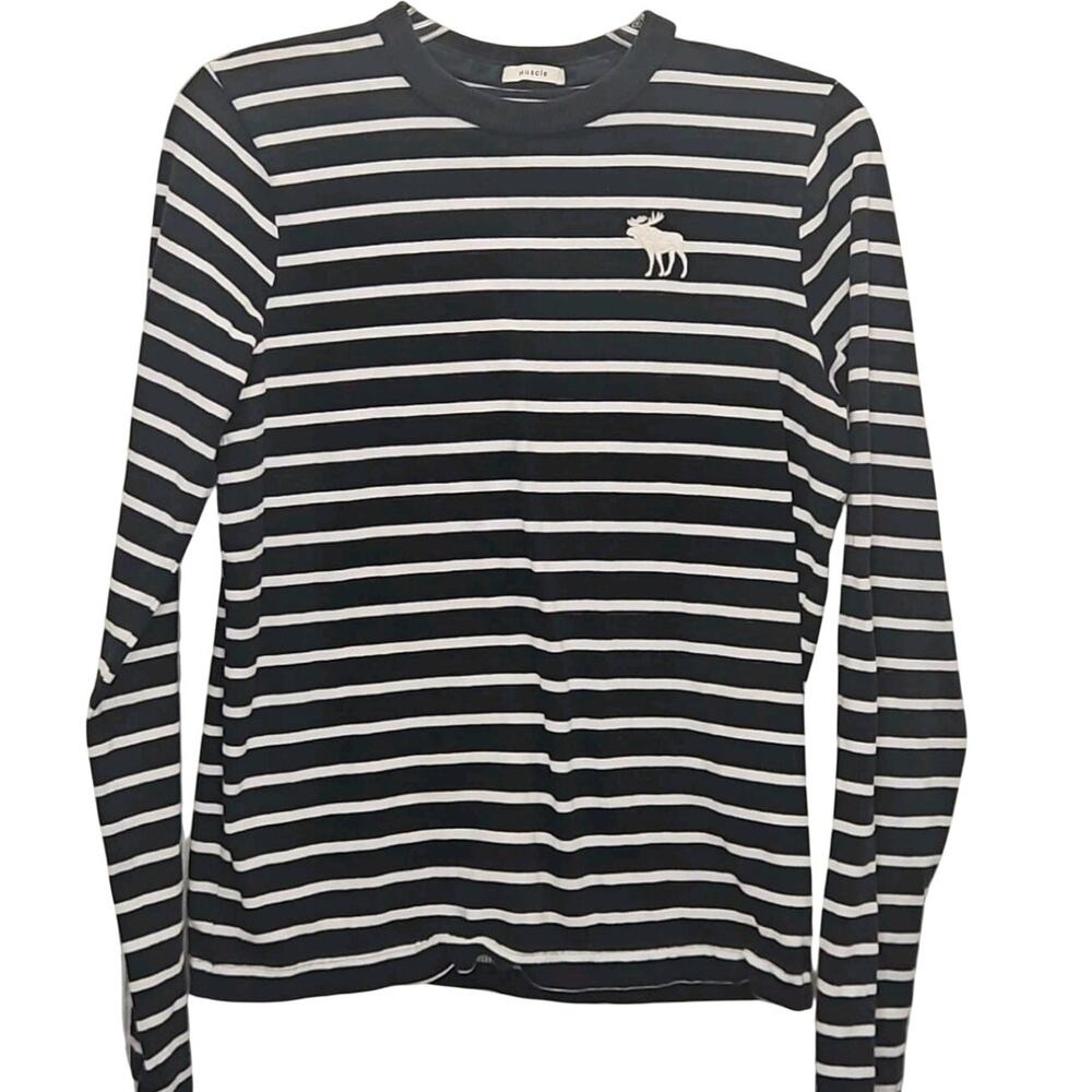 Preppy Y2K Abercrombie & Fitch Black White Striped Long Sleeve Tee Shirt XS Logo